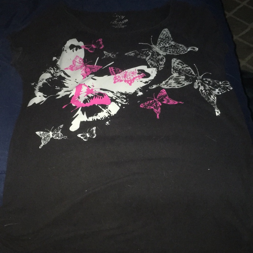 black, white, and pink butterfly tee